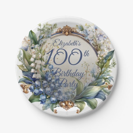 Assiettes En Carton Elégant cadre fleuri baroque 100e fête d'anniversa (Devant)