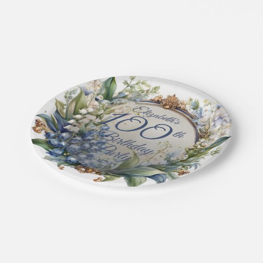 Assiettes En Carton Elégant cadre fleuri baroque 100e fête d'anniversa (Angle)