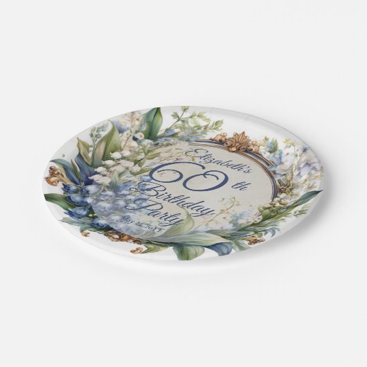 Assiettes En Carton Elégant cadre fleuri baroque 60e fête d'anniversai (Angle)