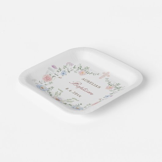 Assiettes En Carton Élégant cadre floral Baptême (Angulaire)
