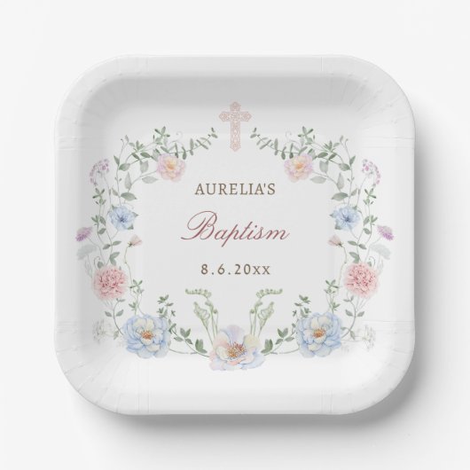 Assiettes En Carton Élégant cadre floral Baptême (Recto)