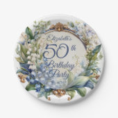 Assiettes En Carton Elégant cadre floral baroque 50ème anniversaire (Devant)