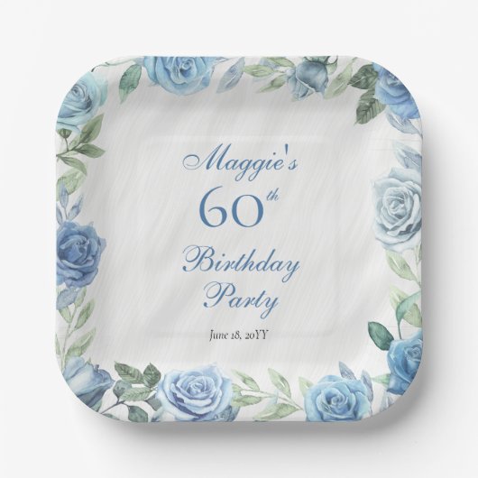 Assiettes En Carton Elégant cadre Floral Rose Bleu 60ème anniversaire  (Recto)