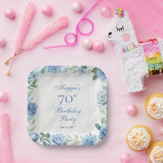 Assiettes En Carton Elégant cadre Floral Rose bleu 70e fête d'annivers (Fête)