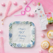 Assiettes En Carton Elégant cadre Floral Rose bleu 90e fête d'annivers (Fête)