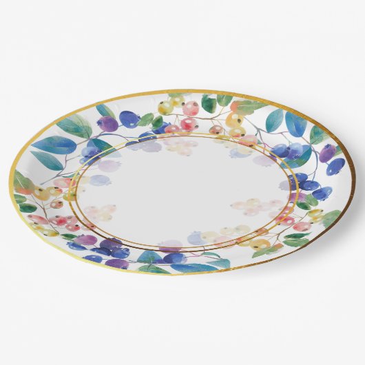 Assiettes En Carton Elégant cadre or Aquarelle Berries (Angle)