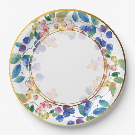 Assiettes En Carton Elégant cadre or Aquarelle Berries (Devant)