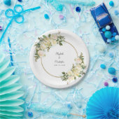 Assiettes En Carton Elégant cadre vert Rose blanche Floral Or (Fête)