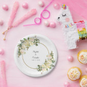 Assiettes En Carton Elégant cadre vert Rose blanche Floral Or (Fête)