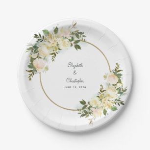 Assiettes En Carton Elégant cadre vert Rose blanche Floral Or