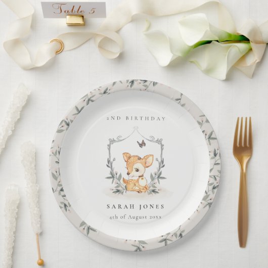 Assiettes En Carton Élégant Cerf de Bébé Cimier Floral Quel âge Annive (Mariage)