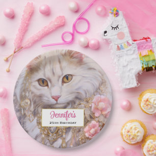 Assiettes En Carton Élégant chat blanc en or et diamants Anniversaire