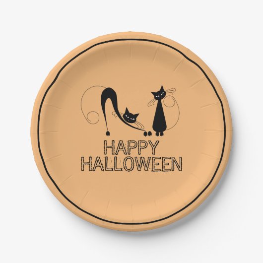Assiettes En Carton Élégant chat noir, Joyeux Halloween (Devant)
