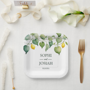 Assiettes En Carton Élégant chaux jaune fleuri blanc bleu mariage