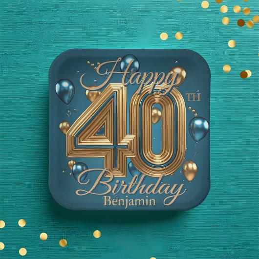 Assiettes En Carton Elégant Chic Luxueux Bleu et Or 40e anniversaire