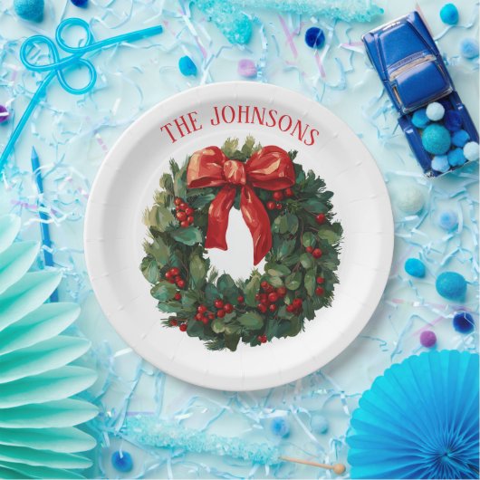 Assiettes En Carton Elegant Christmas Wreath Custom Name Paper Plates (Fête)