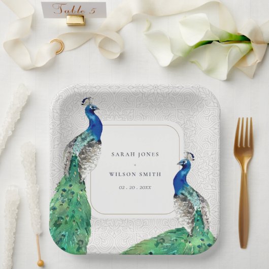 Assiettes En Carton Elégant Classy Ornate Aquarelle Peacock Mariage (Mariage)