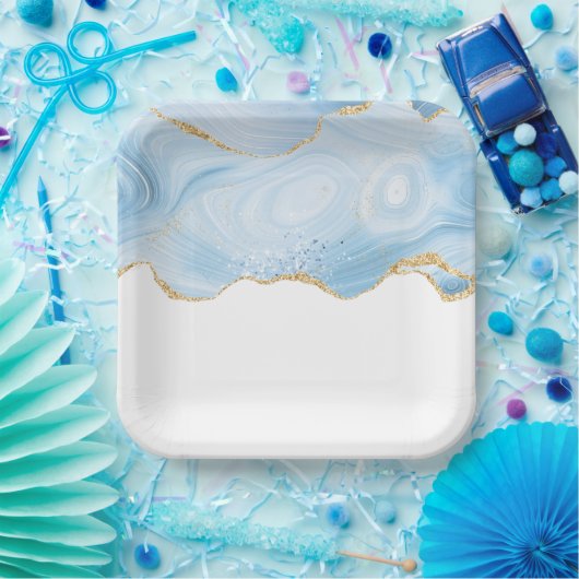 Assiettes En Carton Élégant Cool Bleu Agate et Parties scintillant Or  (Fête)
