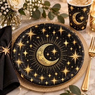 Assiettes En Carton Élégant croissant de lune et étoiles noir et or |