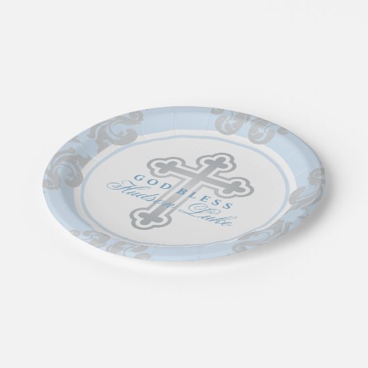 Assiettes En Carton Elégant croix d'argent bleu Damask Baby Boy Baptis (Angle)