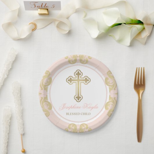 Assiettes En Carton Elégant Croix d'or Blush Damask Baby Girl Baptiser (Mariage)