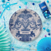 Assiettes En Carton Élégant damassé Bleu toile de jouy monogramme (Fête)