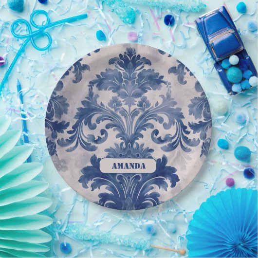 Assiettes En Carton Élégant damassé Bleu toile de jouy monogramme (Fête)