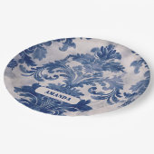 Assiettes En Carton Élégant damassé Bleu toile de jouy monogramme (Angle)