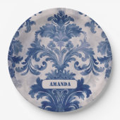 Assiettes En Carton Élégant damassé Bleu toile de jouy monogramme (Devant)