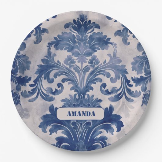 Assiettes En Carton Élégant damassé Bleu toile de jouy monogramme (Devant)