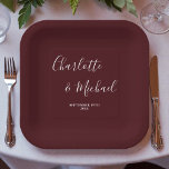 Assiettes En Carton Elegant Deep Burgundy Script Minimalist Wedding<br><div class="desc">Add a touch of sophistication to your wedding celebration with these Elegant Deep Burgundy Script Minimalist Wedding Paper Plates. Featuring a deep burgundy script design and customized with the names of the bride and groom and the date,  these plates are sure to impress your guests.</div>