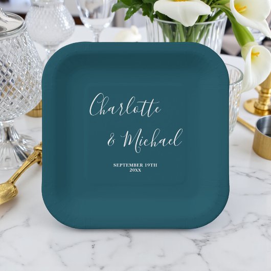 Assiettes En Carton Elegant Deep Teal Script Minimalist Wedding