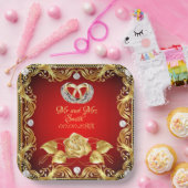 Assiettes En Carton Elégant Diamant Rouge Or Personnalisé (Fête)