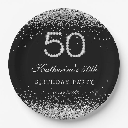 Assiettes En Carton Élégant Diamants 50e Anniversaire Plaque de papier (Devant)