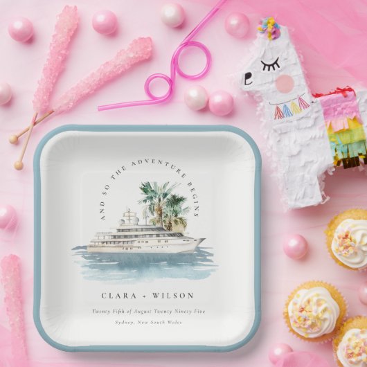 Assiettes En Carton Elégant Dusky Cruise Ship Palm Mariage marin (Fête)