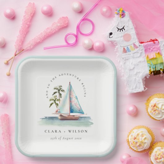 Assiettes En Carton Elégant Dusky Turquoise Sailboat Palm Mariage mari (Fête)