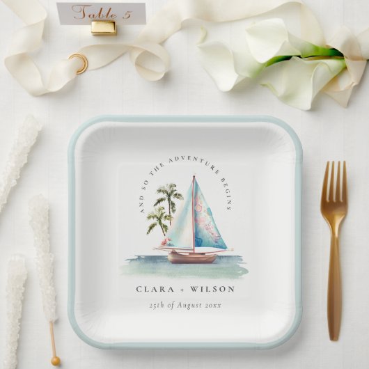 Assiettes En Carton Elégant Dusky Turquoise Sailboat Palm Mariage mari (Mariage)