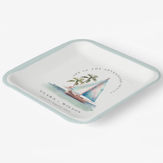 Assiettes En Carton Elégant Dusky Turquoise Sailboat Palm Mariage mari (Angulaire)