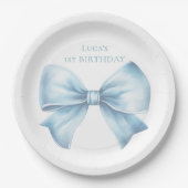 Assiettes En Carton Elégant Dusty Blue Bow Premier garçon Anniversaire (Devant)