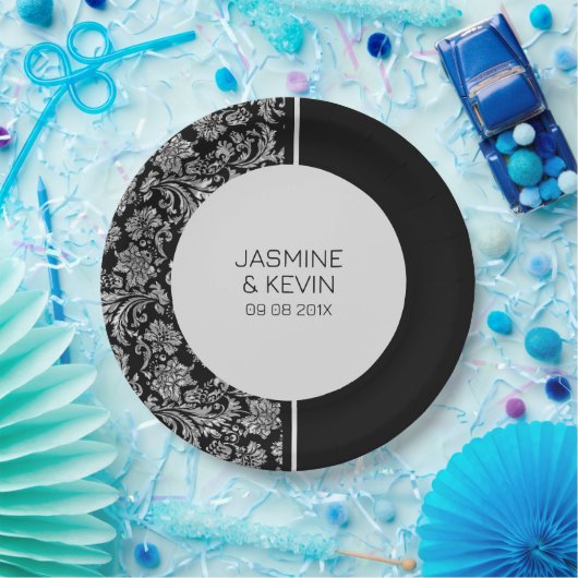 Assiettes En Carton Élégant écran en argent Damask & Black Split (Fête)