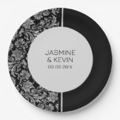 Assiettes En Carton Élégant écran en argent Damask & Black Split (Devant)
