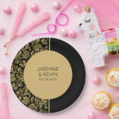 Assiettes En Carton Élégant écran noir et Damas or (Fête)