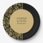 Assiettes En Carton Élégant écran noir et Damas or (Devant)