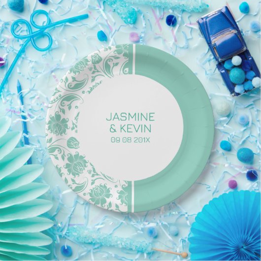 Assiettes En Carton Élégant écran vert Damas & blanc fractionné (Fête)