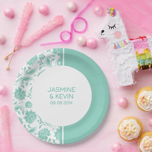 Assiettes En Carton Élégant écran vert Damas & blanc fractionné (Fête)