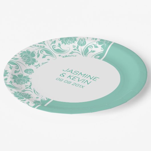 Assiettes En Carton Élégant écran vert Damas & blanc fractionné (Angle)