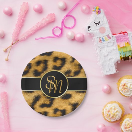 Assiettes En Carton Élégant Empreinte de léopard Monogramme Plaque pap (Fête)