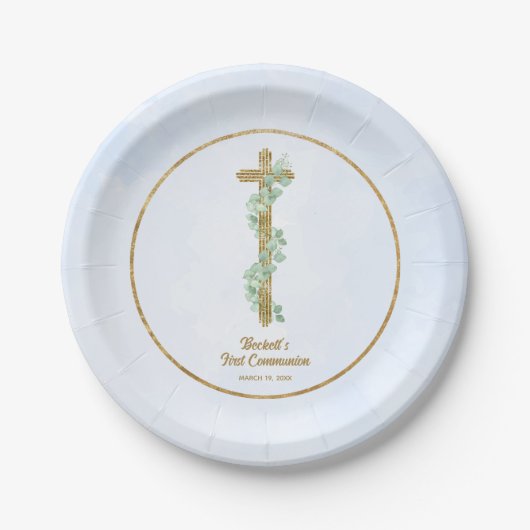Assiettes En Carton Elégant Eucalyptus et Croix Bleue Première Communi (Devant)