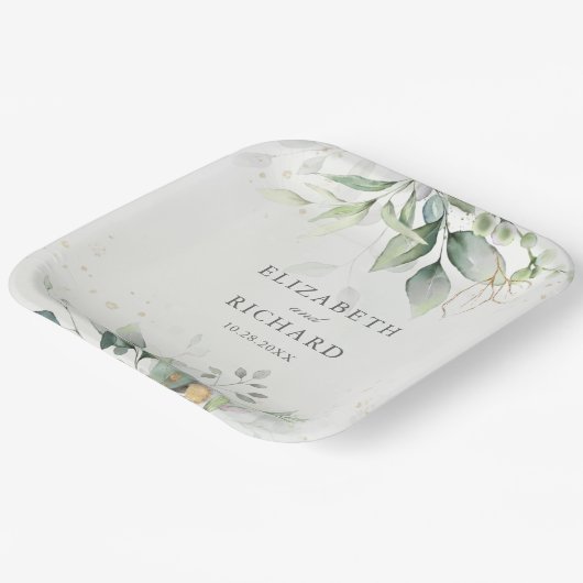 Assiettes En Carton Elégant Eucalyptus Feuille Mariage or vert (Angulaire)