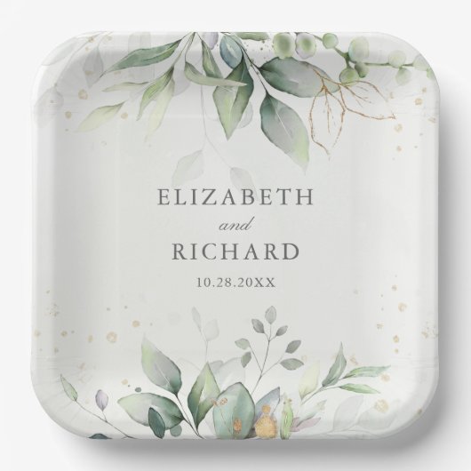 Assiettes En Carton Elégant Eucalyptus Feuille Mariage or vert (Recto)